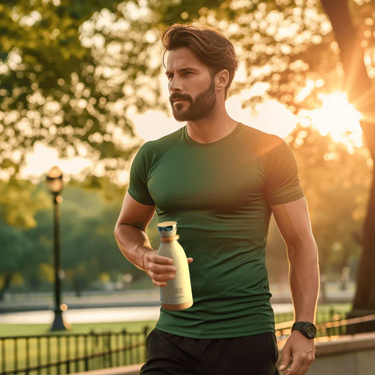 A man on a walk holding a Fresh Juice portable blender